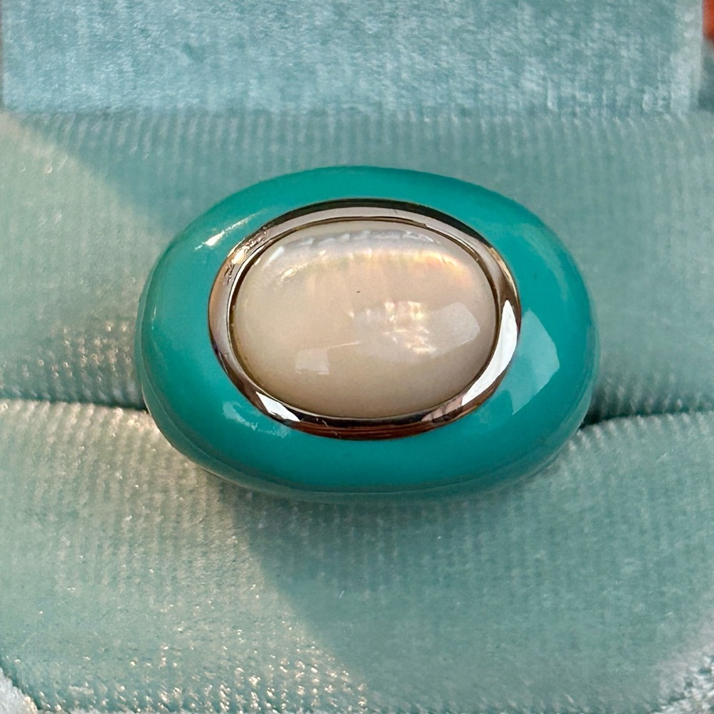 Captivating Blue Enamel and Mother of Pearl EDForce Stainless Steel Ring